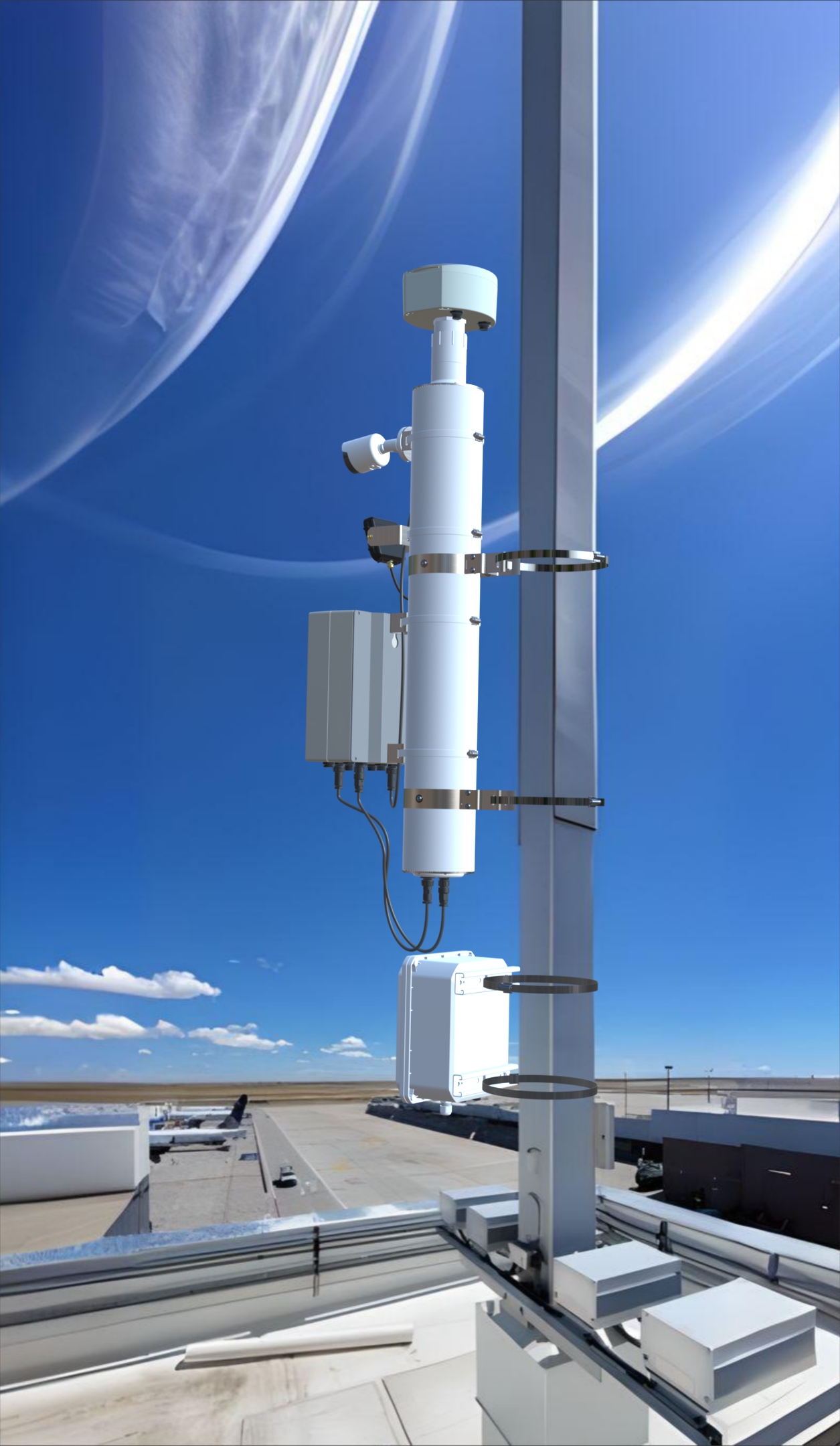 SmartCone mast unit installed on an airport ramp for the RampTrack deployment