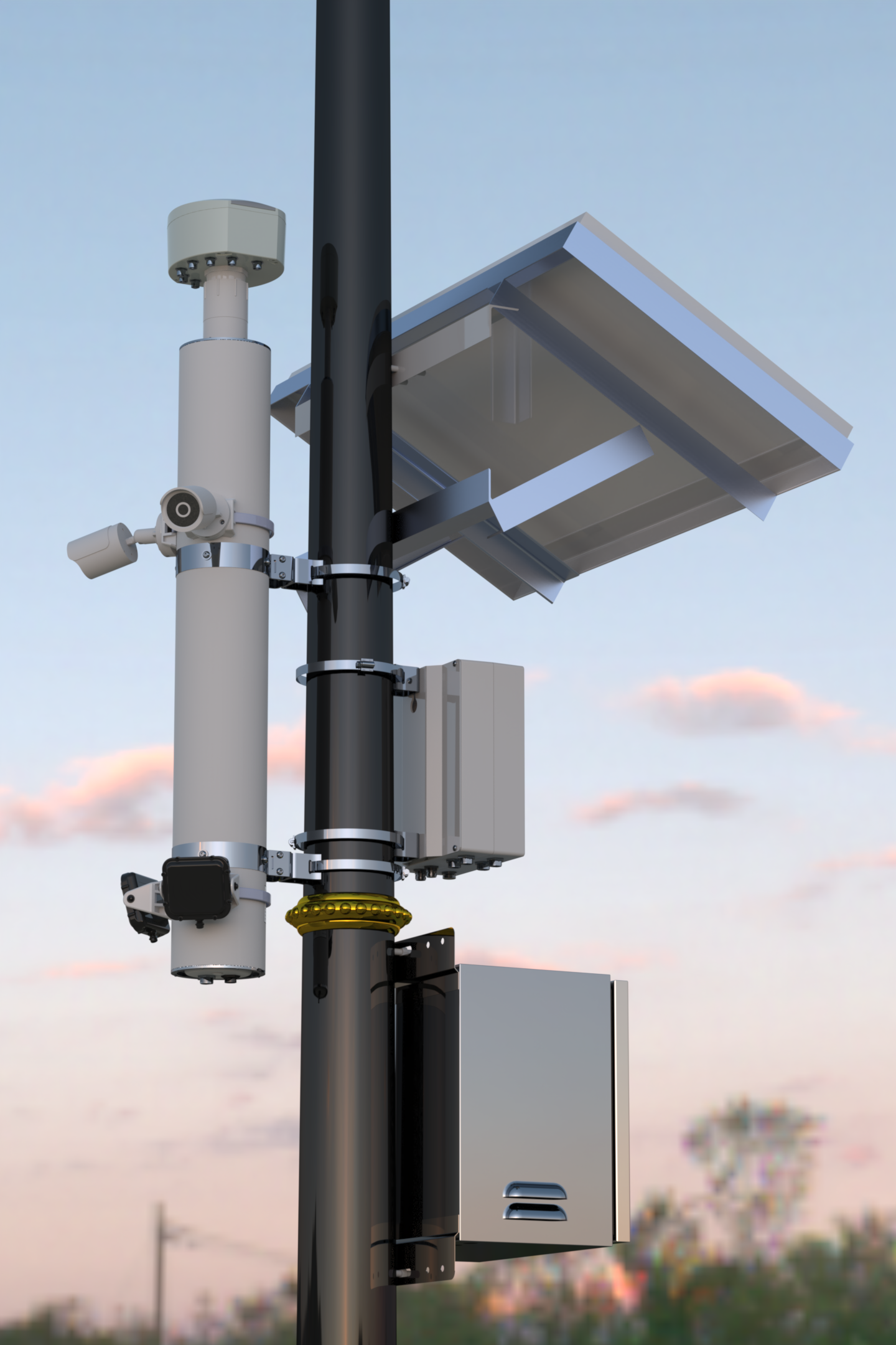 SmartCone mast unit with solar panel and camera, field installation at dusk