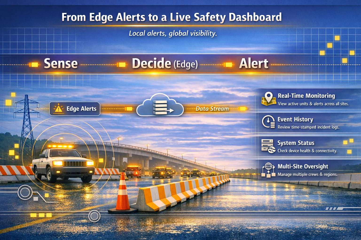 Conceptual illustration of the live Safety Dashboard showing operational visibility across deployed units